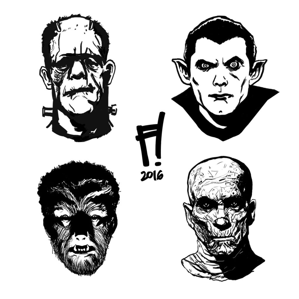 Frankenstein, Dracula, The Wolfman and The Mummy, drawn by F!