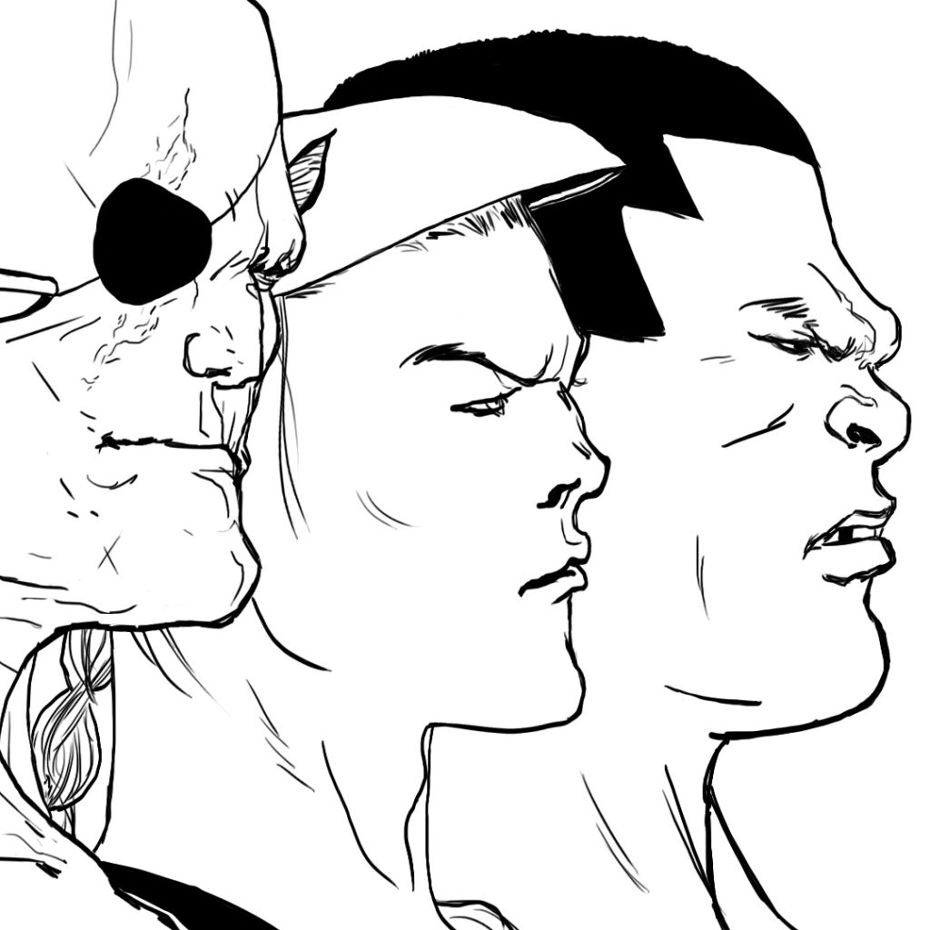 Sagat, Vega, and Balrog from Street Fighter II, drawn by F!