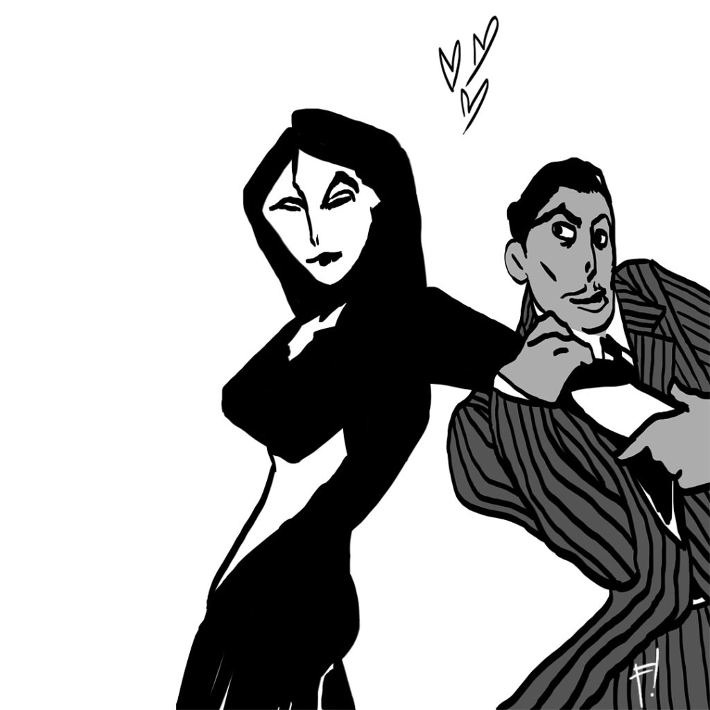 Morticia and Gomez Addams from the Addams Family, drawn by F!